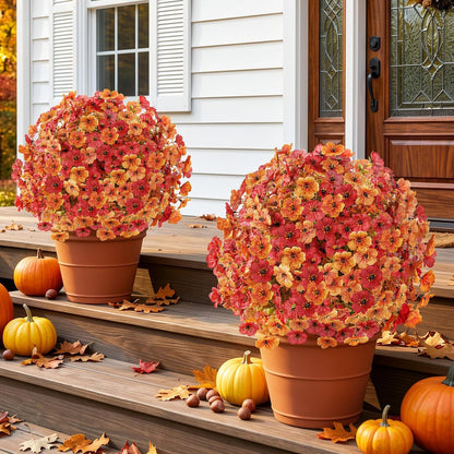 2 Pack 24" Fall Artificial Mums Topiary Bushes with Ground Spike