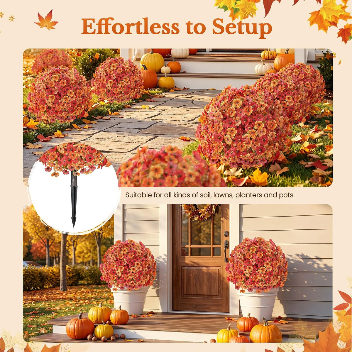 2 Pack 24" Fall Artificial Mums Topiary Bushes with Ground Spike