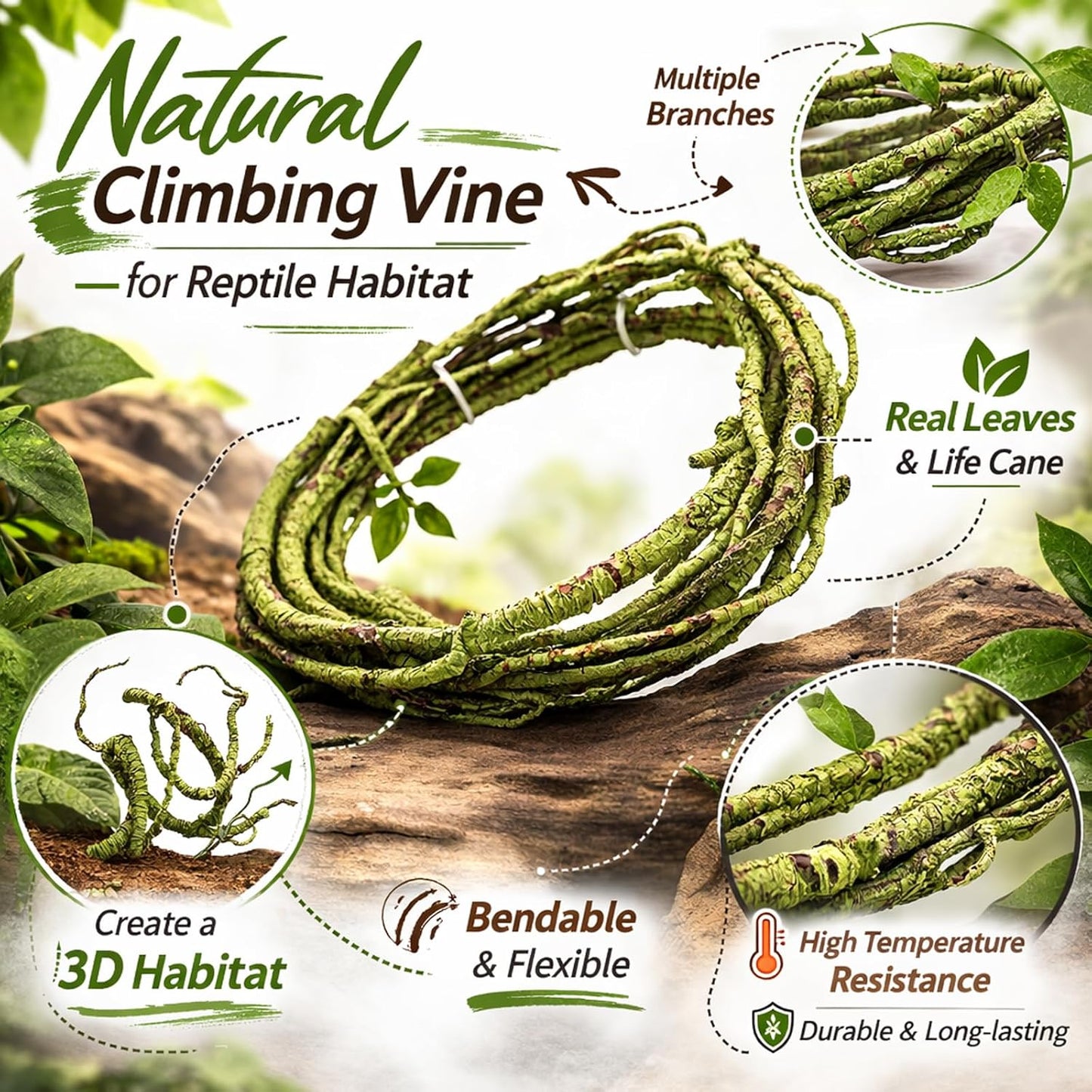 Reptile Vines, Flexible Jungle Climbing Vines Terrarium Plastic Plants and Leaves Tank Accessories Decor for Gecko Snake Lizard Bearded Dragon Hermit Crab Frog