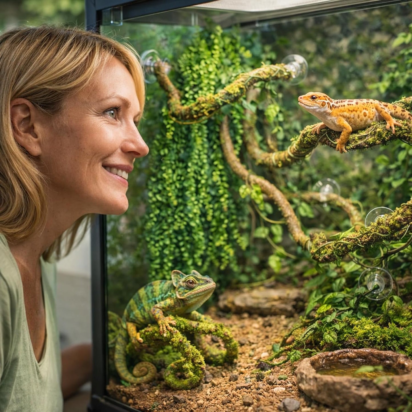 Reptile Vines, Flexible Jungle Climbing Vines Terrarium Plastic Plants and Leaves Tank Accessories Decor for Gecko Snake Lizard Bearded Dragon Hermit Crab Frog