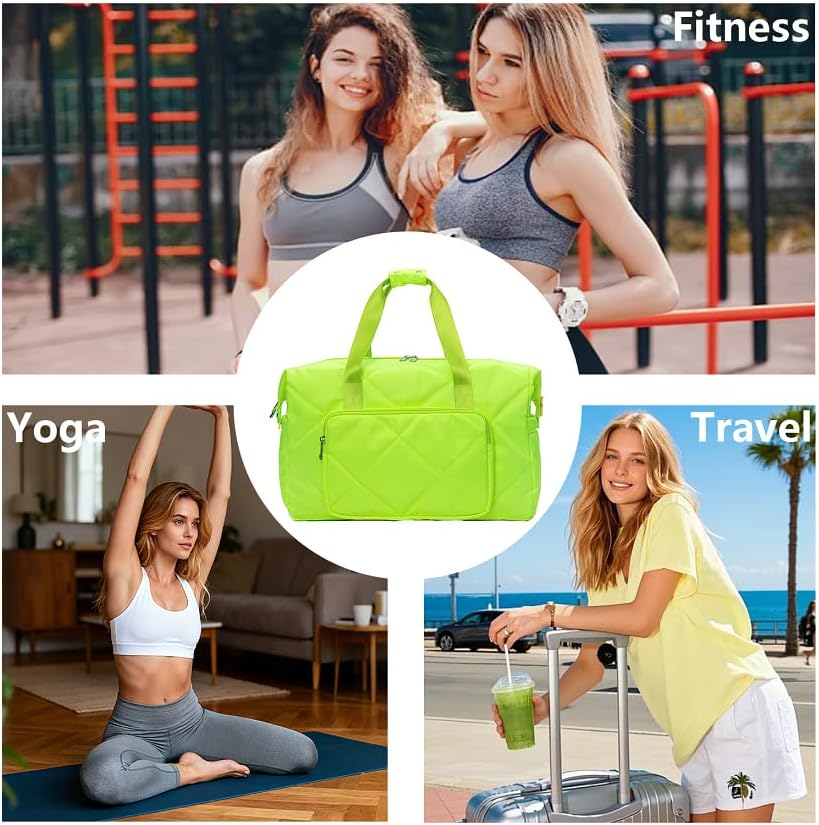 Sports Tote Gym Bag for Women, Travel Duffel Bag, Shoulder Weekender Overnight Bag for Women Girls Travel, Gym, Yoga (Fluorescent Green)