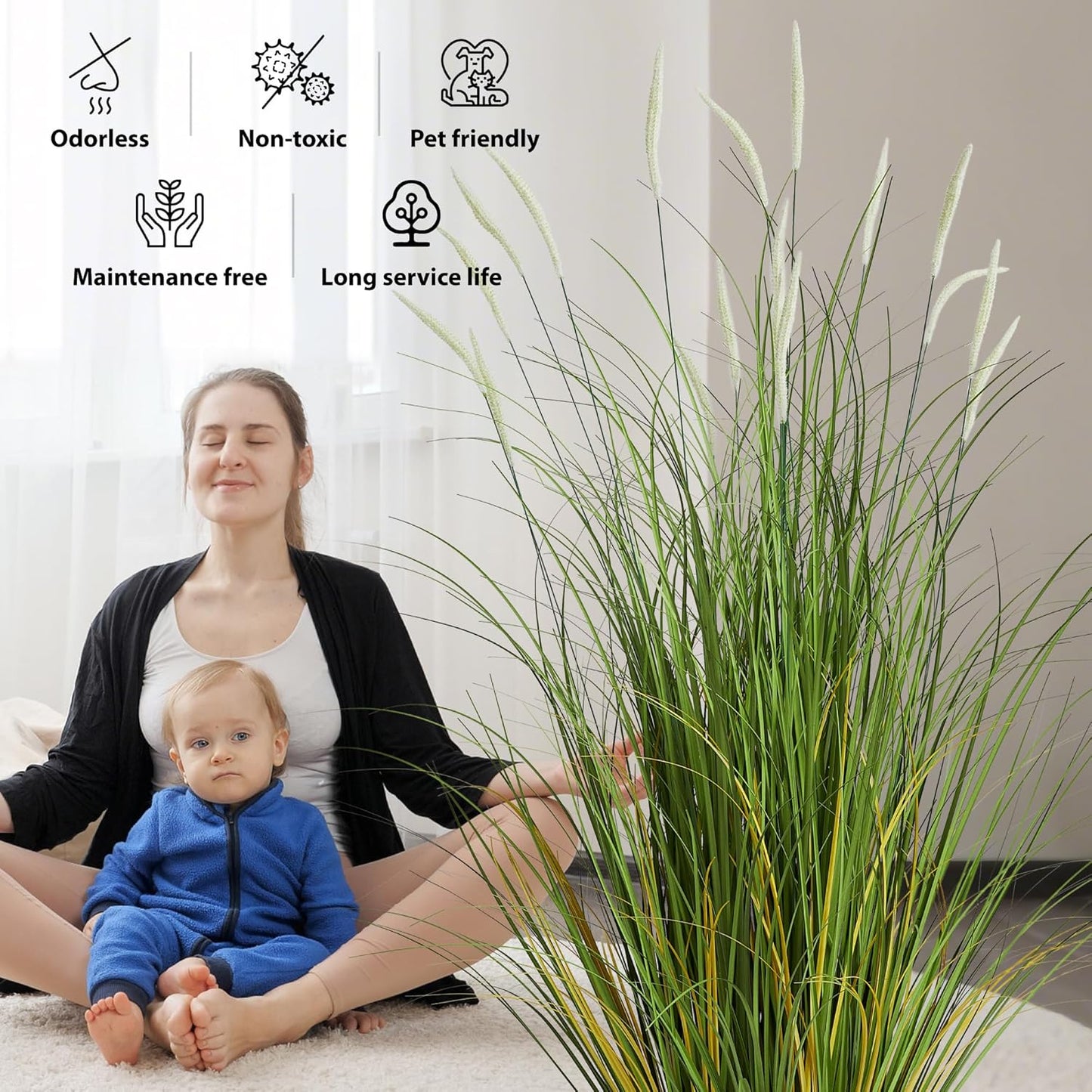 3ft 2-Pack Artificial Cattail Reed Grass, 35in Artificial Indoor Outdoor Fake Onion Grass Plant, Home Office Wedding Decorative Faux Potted Plant Greenery, Housewarming Gift, White