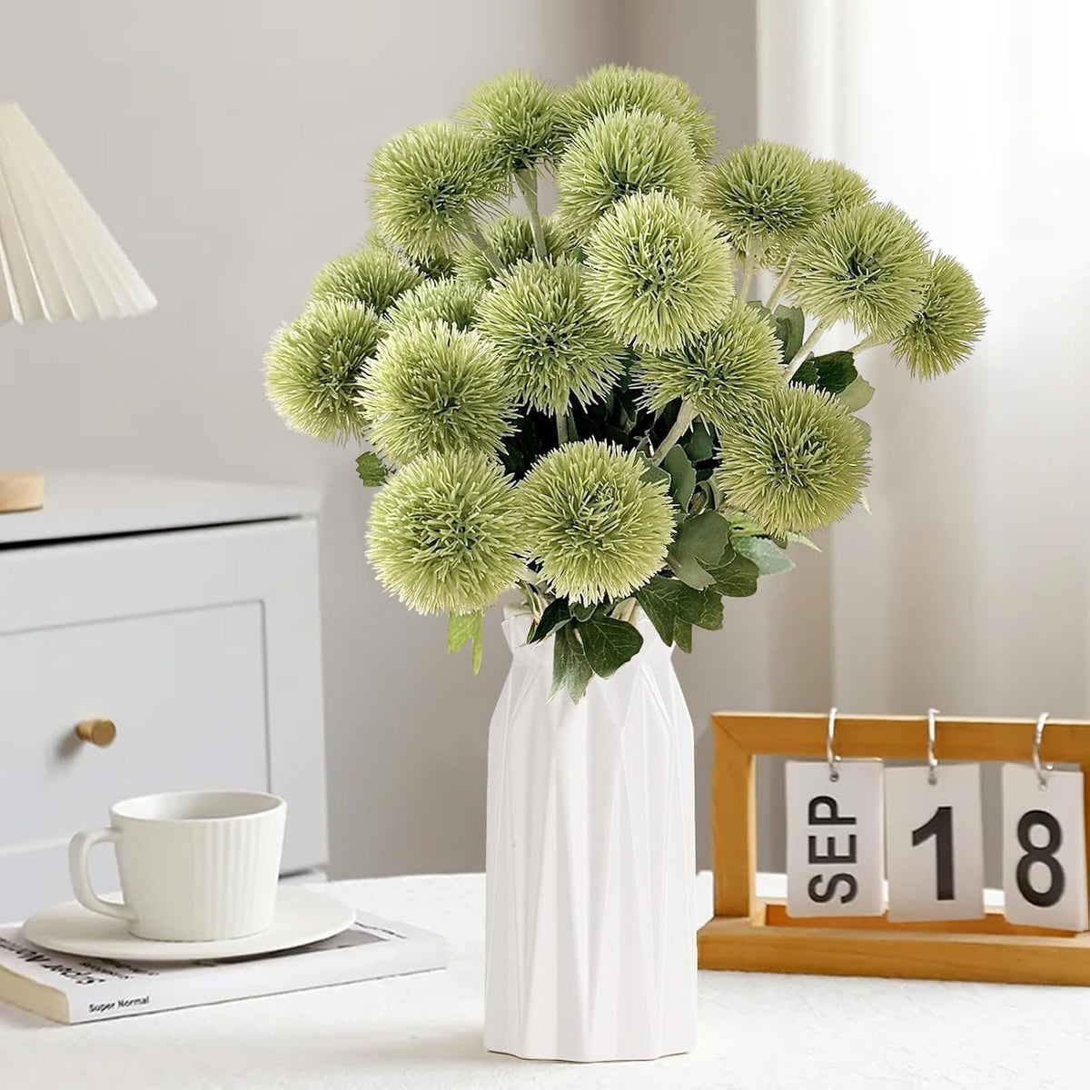 18 PCS Artificial Dandelion Flowers with Stems, 15 Inch Plastic Fake Flower Plants Look Real Decorative Floral Bouquet for Baby Shower Party Wedding Arrangements DIY, White