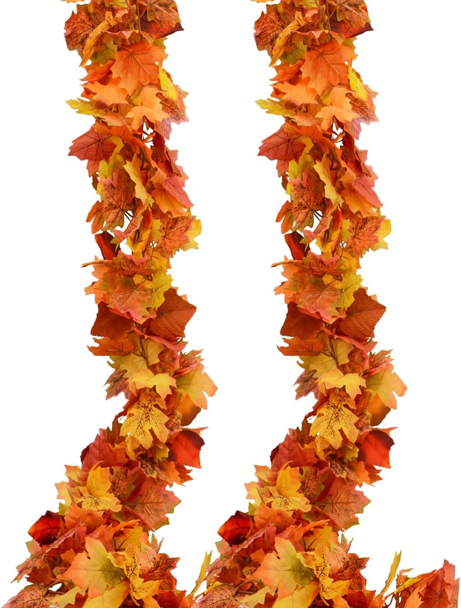 Fall Garland Maple Leaf Garland, 2pcs 6 Ft/Piece, Artificial Maple Leaves Hanging Vine, Thanksgiving Christmas Decor (2)