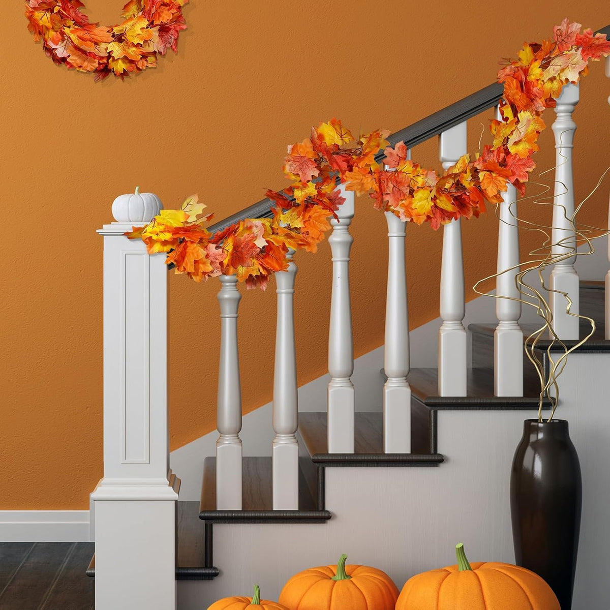 Fall Garland Maple Leaf Garland, 2pcs 6 Ft/Piece, Artificial Maple Leaves Hanging Vine, Thanksgiving Christmas Decor (2)