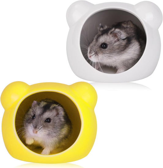 2 Pack Ceramic Hamster Hideout Yellow and White Small Animal Hides for Gerbils Mice Cute Summer Cooling Houses for Cage Accessories