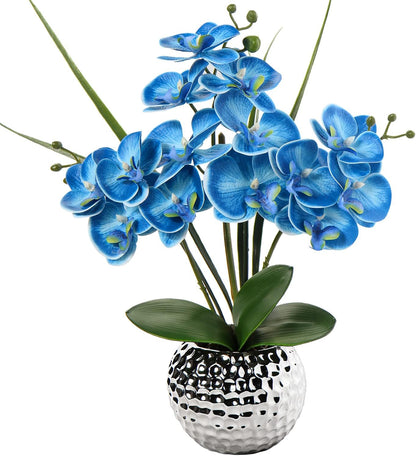 Orchid Artificial Flowers 20'' Red Faux Orchid Flowers with Silver Vase Fake Phalaenopsis Silk Flowers for Home Office Dinning Room Kitchen Table Centerpiece Decor