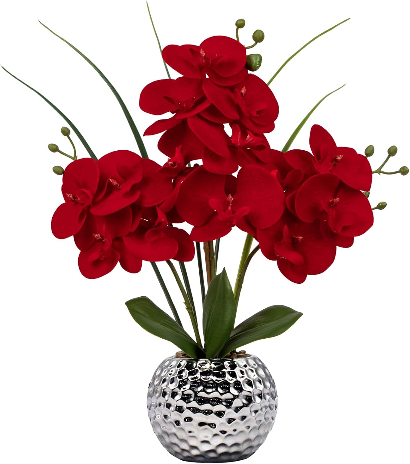 Orchid Artificial Flowers 20'' Red Faux Orchid Flowers with Silver Vase Fake Phalaenopsis Silk Flowers for Home Office Dinning Room Kitchen Table Centerpiece Decor