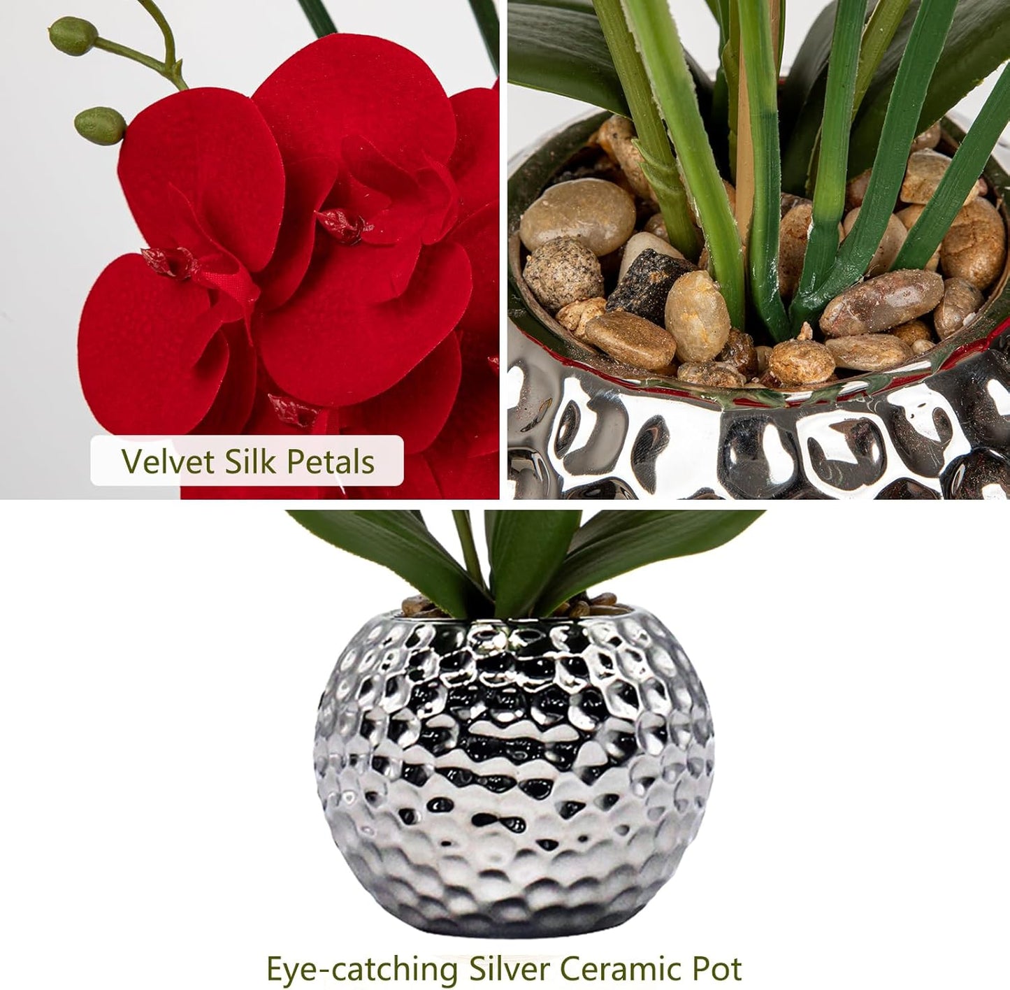Orchid Artificial Flowers 20'' Red Faux Orchid Flowers with Silver Vase Fake Phalaenopsis Silk Flowers for Home Office Dinning Room Kitchen Table Centerpiece Decor