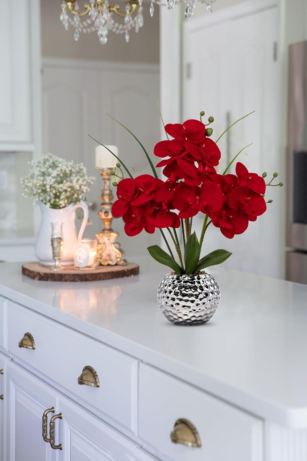 Orchid Artificial Flowers 20'' Red Faux Orchid Flowers with Silver Vase Fake Phalaenopsis Silk Flowers for Home Office Dinning Room Kitchen Table Centerpiece Decor