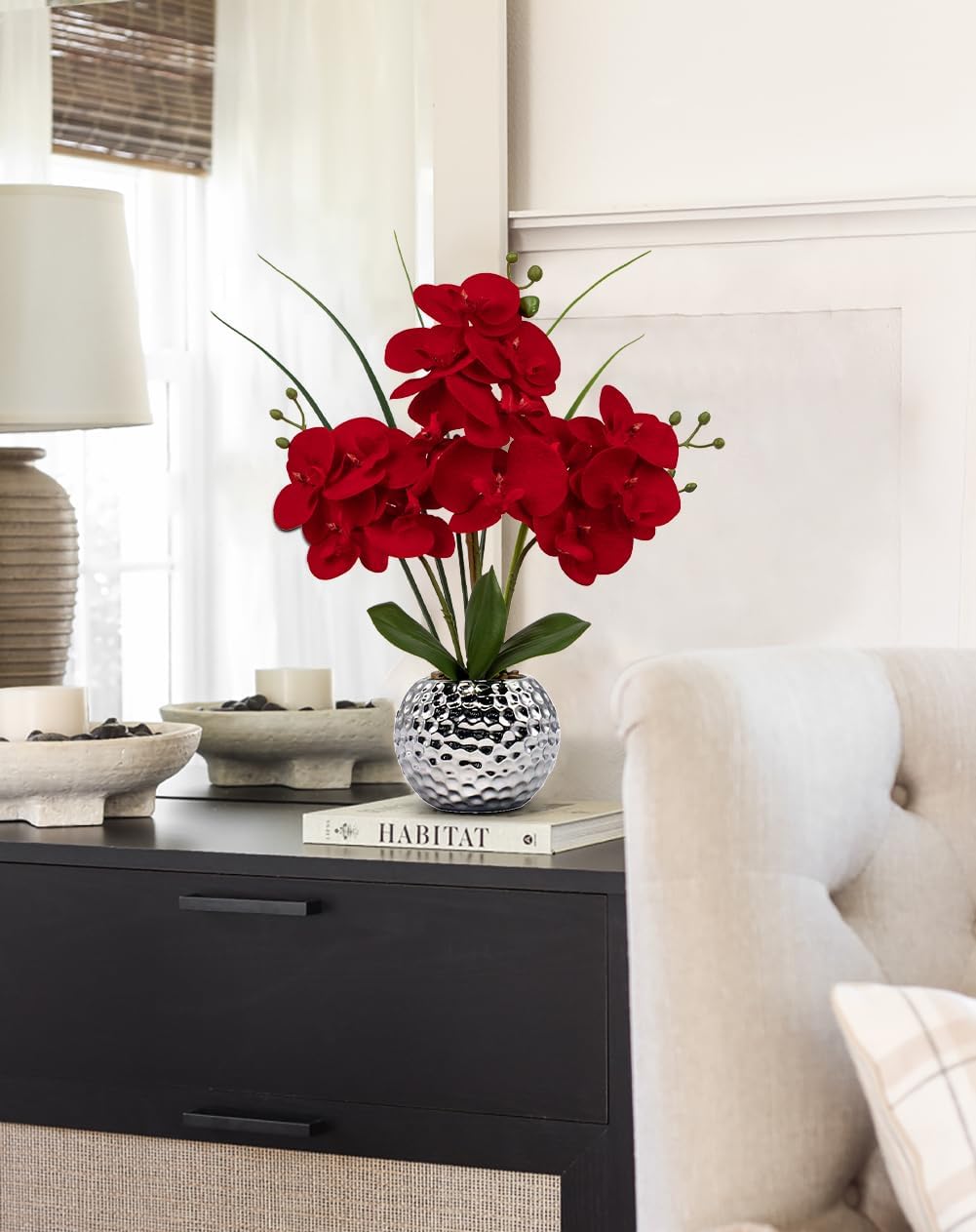 Orchid Artificial Flowers 20'' Red Faux Orchid Flowers with Silver Vase Fake Phalaenopsis Silk Flowers for Home Office Dinning Room Kitchen Table Centerpiece Decor