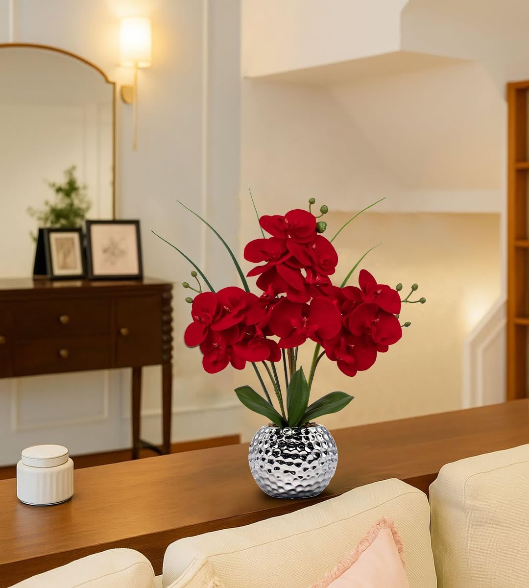 Orchid Artificial Flowers 20'' Red Faux Orchid Flowers with Silver Vase Fake Phalaenopsis Silk Flowers for Home Office Dinning Room Kitchen Table Centerpiece Decor