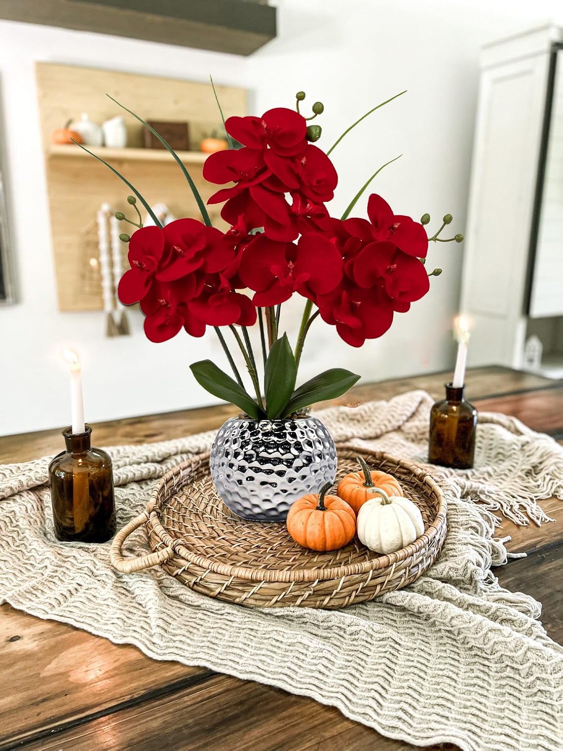 Orchid Artificial Flowers 20'' Red Faux Orchid Flowers with Silver Vase Fake Phalaenopsis Silk Flowers for Home Office Dinning Room Kitchen Table Centerpiece Decor