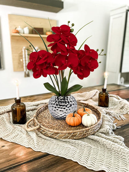 Orchid Artificial Flowers 20'' Red Faux Orchid Flowers with Silver Vase Fake Phalaenopsis Silk Flowers for Home Office Dinning Room Kitchen Table Centerpiece Decor