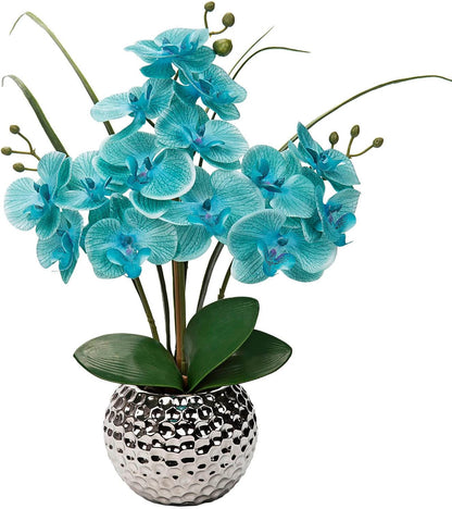 Orchid Artificial Flowers 20'' Red Faux Orchid Flowers with Silver Vase Fake Phalaenopsis Silk Flowers for Home Office Dinning Room Kitchen Table Centerpiece Decor