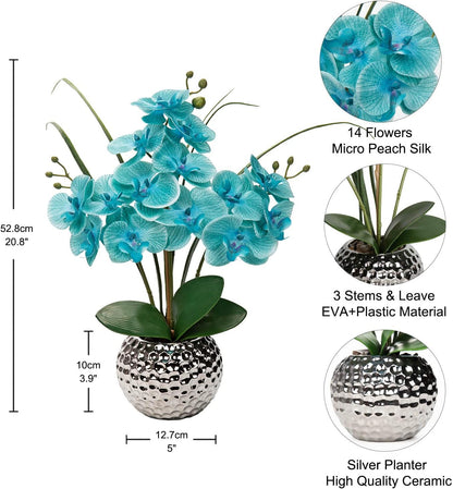 Orchid Artificial Flowers 20'' Red Faux Orchid Flowers with Silver Vase Fake Phalaenopsis Silk Flowers for Home Office Dinning Room Kitchen Table Centerpiece Decor