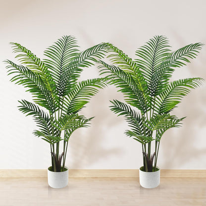 Artificial Palm Tree 4FT, Fake Tree with White Tall Planter 2 Pack, Faux Tropical Areca Floor Plant in Pot, Artificial Silk Plant for Home Office Living Room Decor Indoor