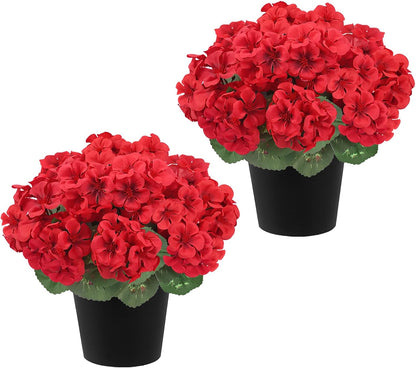 2Pcs Geranium Artificial Flowers in Pot, 10.6" Fake Geraniums Plants UV Resistant Silk Mini Potted Plants for Tabletop Home Décor Office Porch Garden Outdoor Indoor Decor