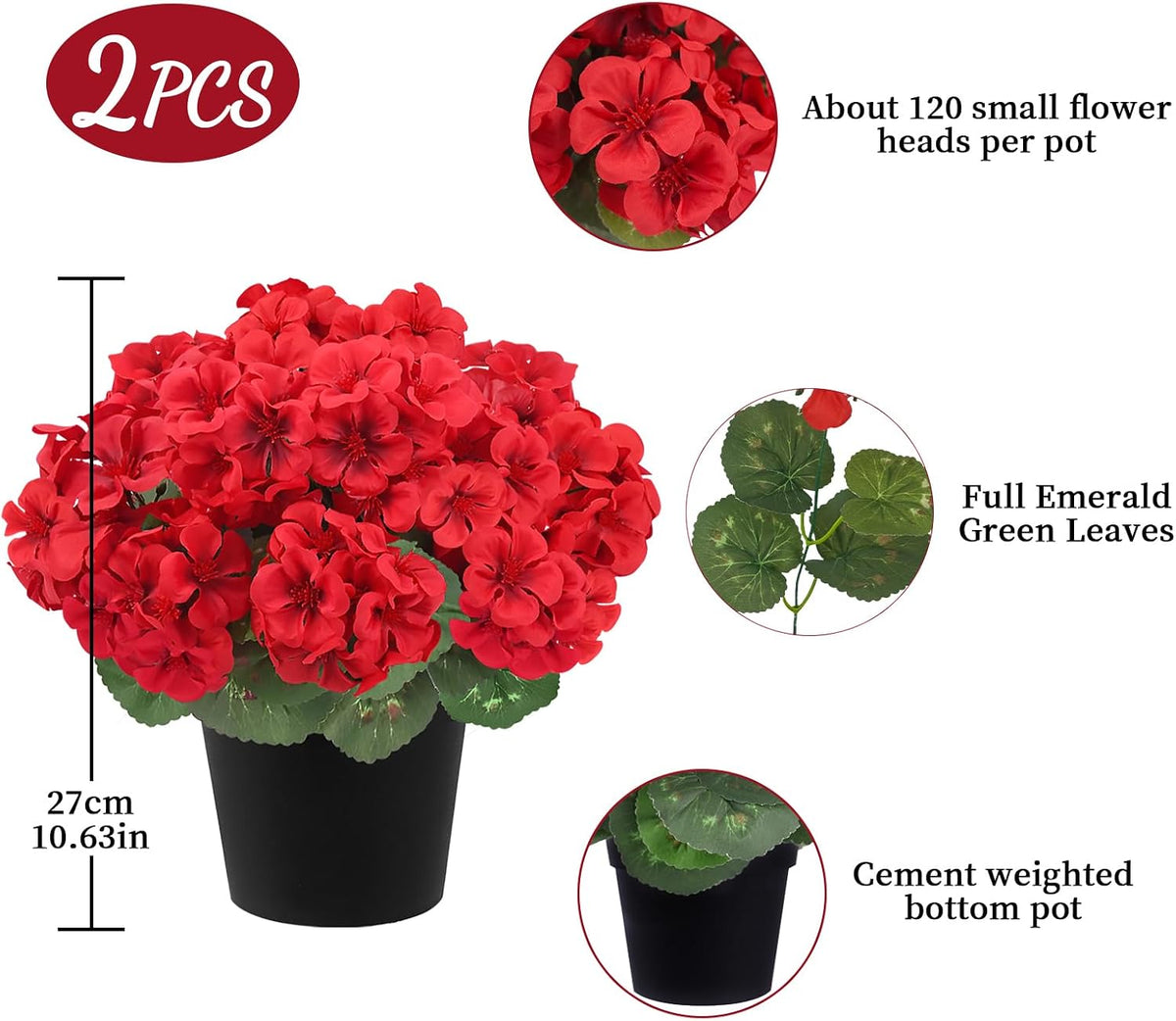 2Pcs Geranium Artificial Flowers in Pot, 10.6" Fake Geraniums Plants UV Resistant Silk Mini Potted Plants for Tabletop Home Décor Office Porch Garden Outdoor Indoor Decor