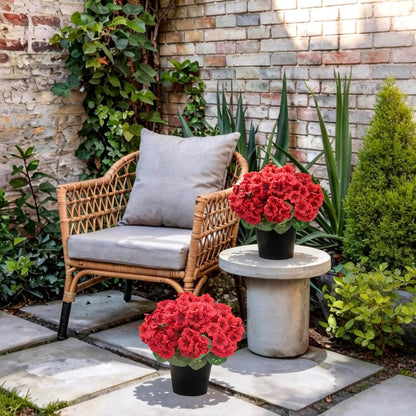 2Pcs Geranium Artificial Flowers in Pot, 10.6" Fake Geraniums Plants UV Resistant Silk Mini Potted Plants for Tabletop Home Décor Office Porch Garden Outdoor Indoor Decor
