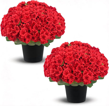 2Pcs Geranium Artificial Flowers in Pot, 10.6" Fake Geraniums Plants UV Resistant Silk Mini Potted Plants for Tabletop Home Décor Office Porch Garden Outdoor Indoor Decor