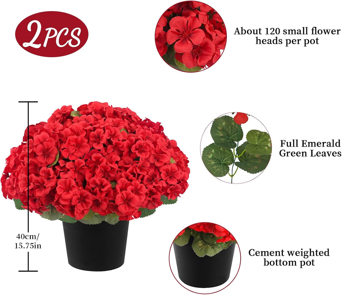 2Pcs Geranium Artificial Flowers in Pot, 10.6" Fake Geraniums Plants UV Resistant Silk Mini Potted Plants for Tabletop Home Décor Office Porch Garden Outdoor Indoor Decor