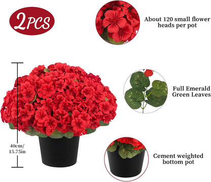 2Pcs Geranium Artificial Flowers in Pot, 10.6" Fake Geraniums Plants UV Resistant Silk Mini Potted Plants for Tabletop Home Décor Office Porch Garden Outdoor Indoor Decor