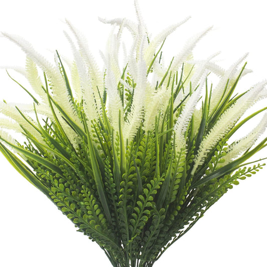 10 Bundles Artificial Plants Outdoor Fake Grass with Flowers UV Resistant Greenery Garden Porch Window Box Decorating (White)