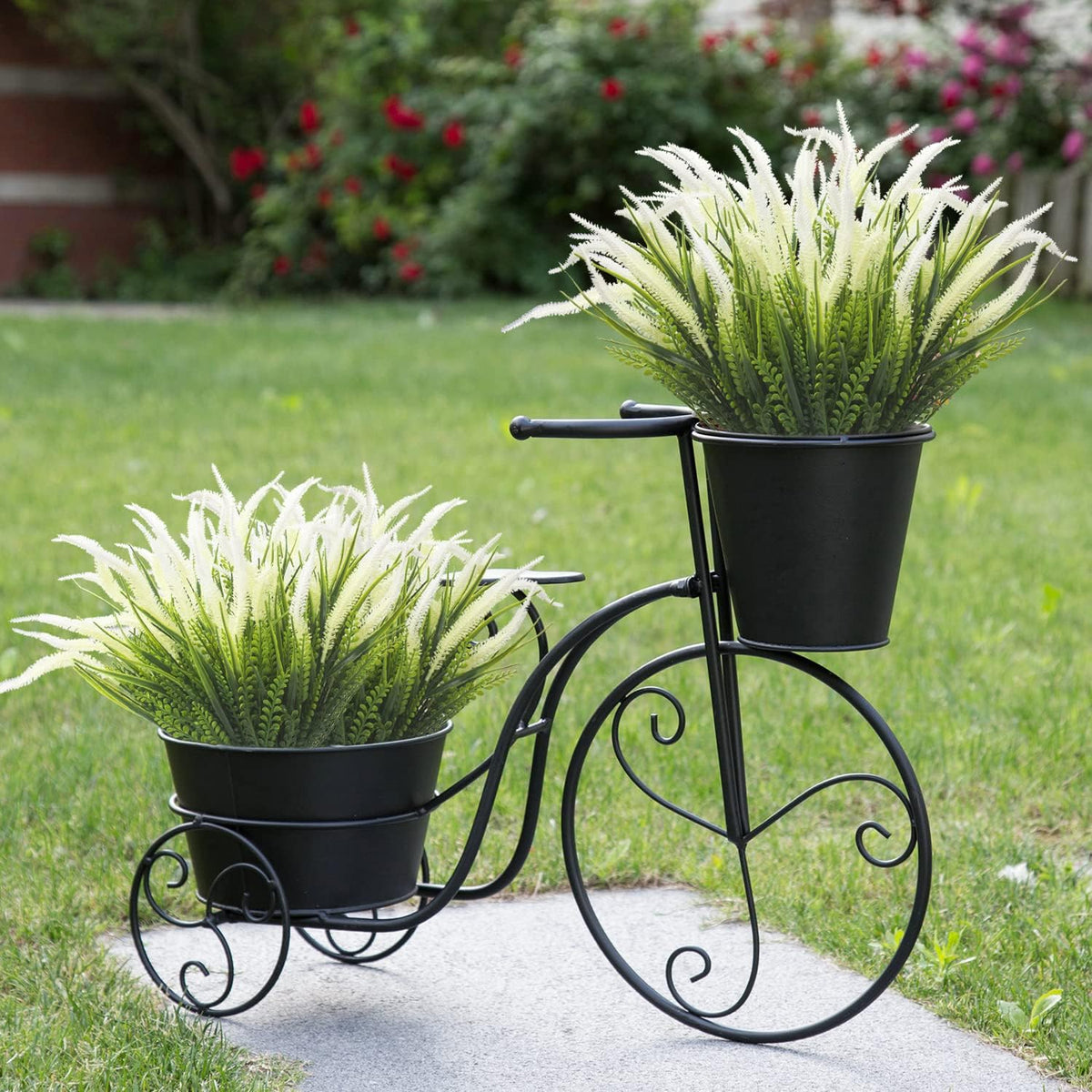 10 Bundles Artificial Plants Outdoor Fake Grass with Flowers UV Resistant Greenery Garden Porch Window Box Decorating (White)