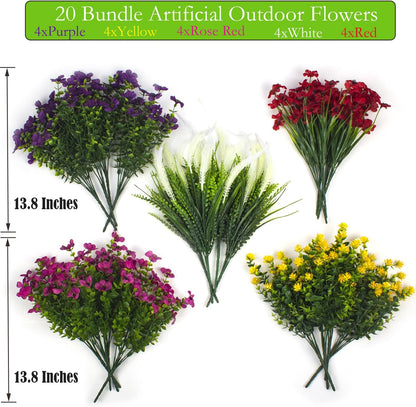 10 Bundles Artificial Plants Outdoor Fake Grass with Flowers UV Resistant Greenery Garden Porch Window Box Decorating (White)