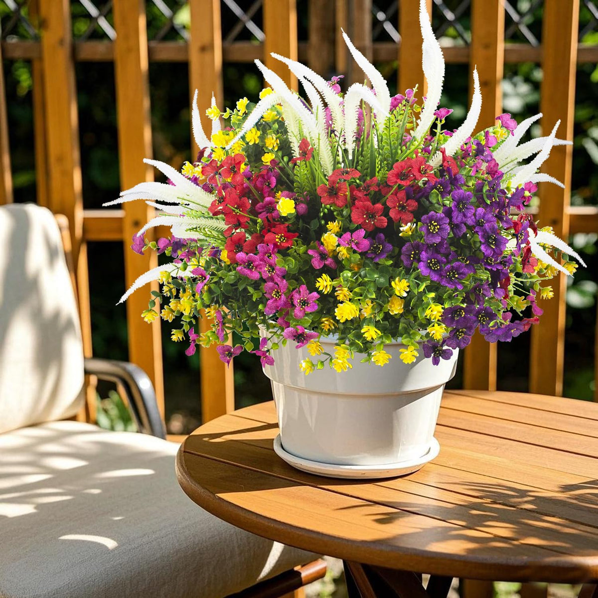 10 Bundles Artificial Plants Outdoor Fake Grass with Flowers UV Resistant Greenery Garden Porch Window Box Decorating (White)