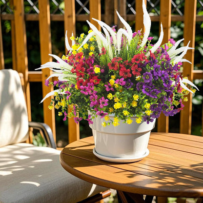 10 Bundles Artificial Plants Outdoor Fake Grass with Flowers UV Resistant Greenery Garden Porch Window Box Decorating (White)