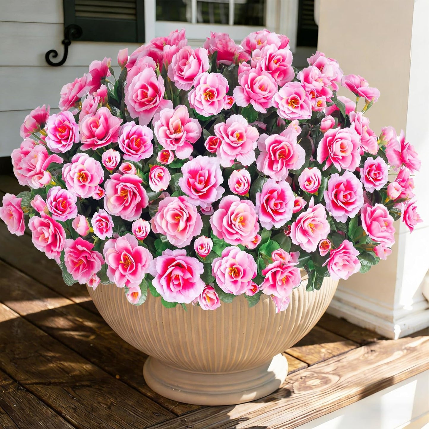 Artificial Fake Camellia Flowers Plants for Outdoor Outside Spring Decoration, Faux Silk Hotpink Camellias UV Resistant Look Real for Planter Porch Patio Garden Yard, 3 Large Bundles