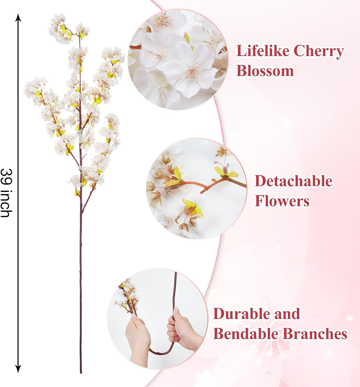 3 Pcs Artificial Cherry Blossom Branches 39'' Cherry Blossom Tree Decor