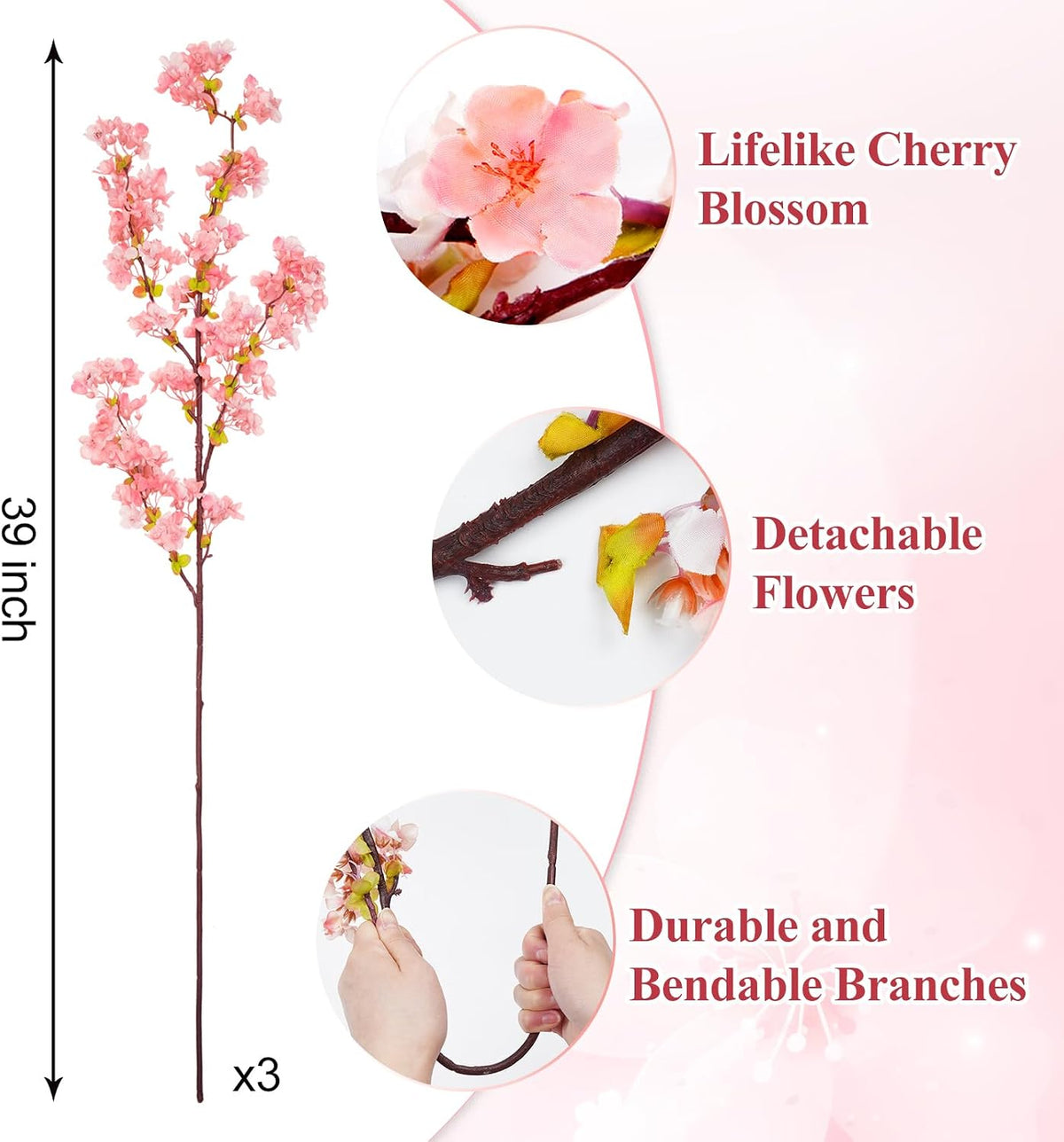 3 Pcs Artificial Cherry Blossom Branches 39'' Cherry Blossom Tree Decor