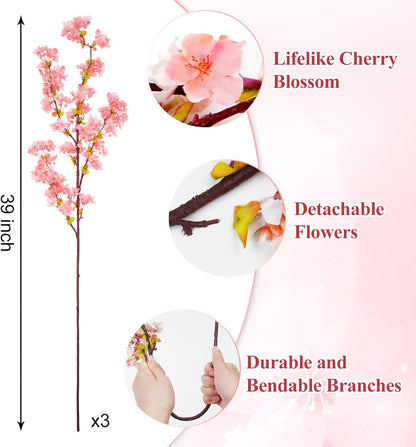 3 Pcs Artificial Cherry Blossom Branches 39'' Cherry Blossom Tree Decor