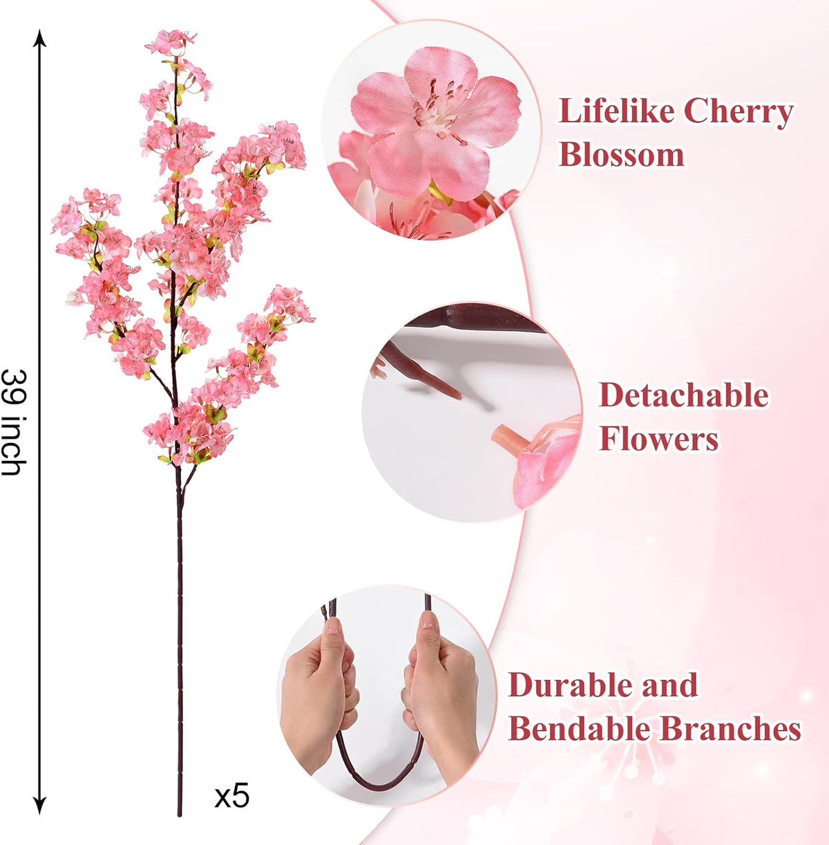 3 Pcs Artificial Cherry Blossom Branches 39'' Cherry Blossom Tree Decor