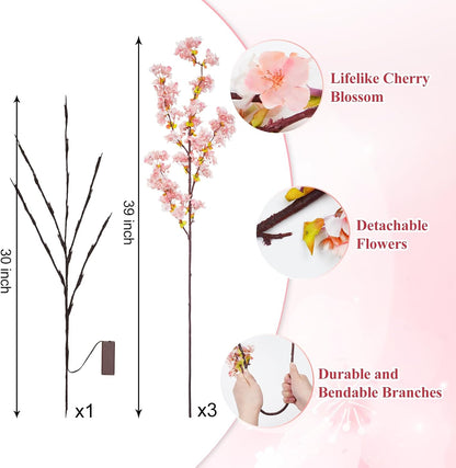 3 Pcs Artificial Cherry Blossom Branches 39'' Cherry Blossom Tree Decor