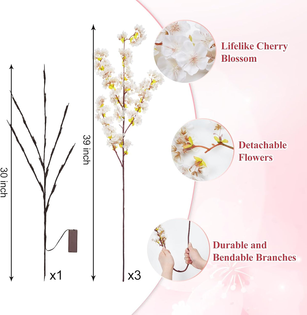 3 Pcs Artificial Cherry Blossom Branches 39'' Cherry Blossom Tree Decor