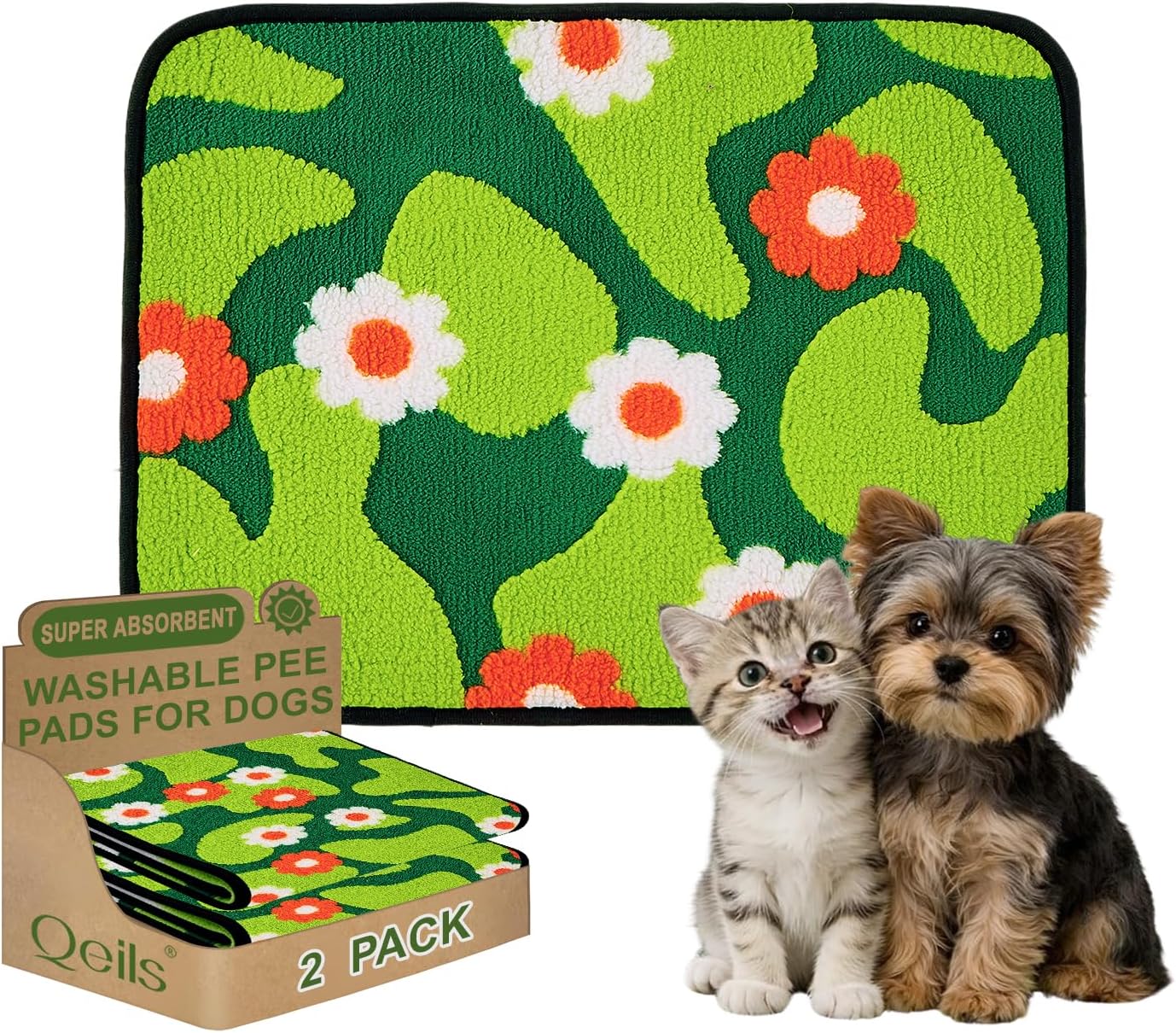 Reusable Puppy Pads for Small Dogs, Washable Pee Pads with Non-Slip , Absorbent Leakproof Mat for Crates, Playpens, Pet Beds & Whelping, Indoor Potty Training Grass Green, 24"x48", 2 Pack
