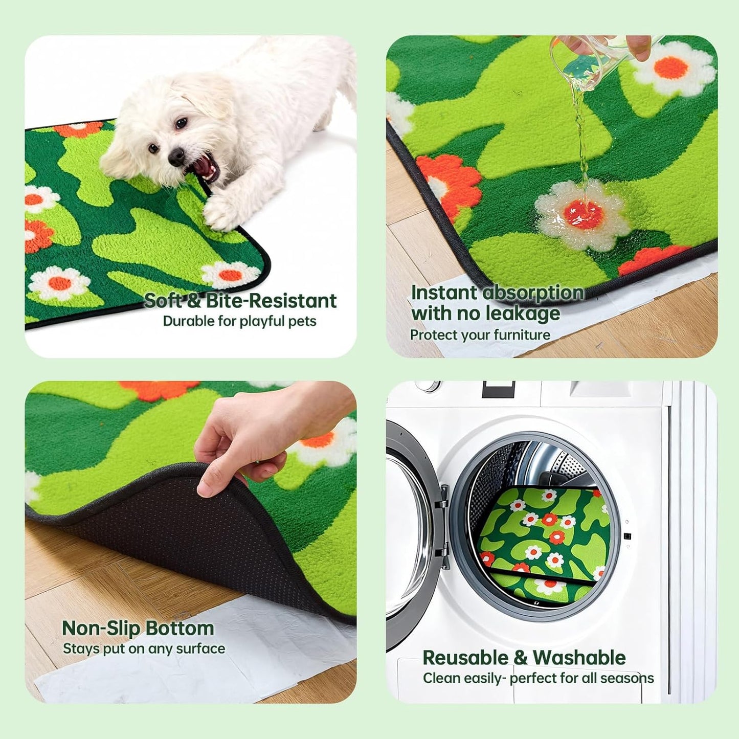 Reusable Puppy Pads for Small Dogs, Washable Pee Pads with Non-Slip , Absorbent Leakproof Mat for Crates, Playpens, Pet Beds & Whelping, Indoor Potty Training Grass Green, 24"x48", 2 Pack