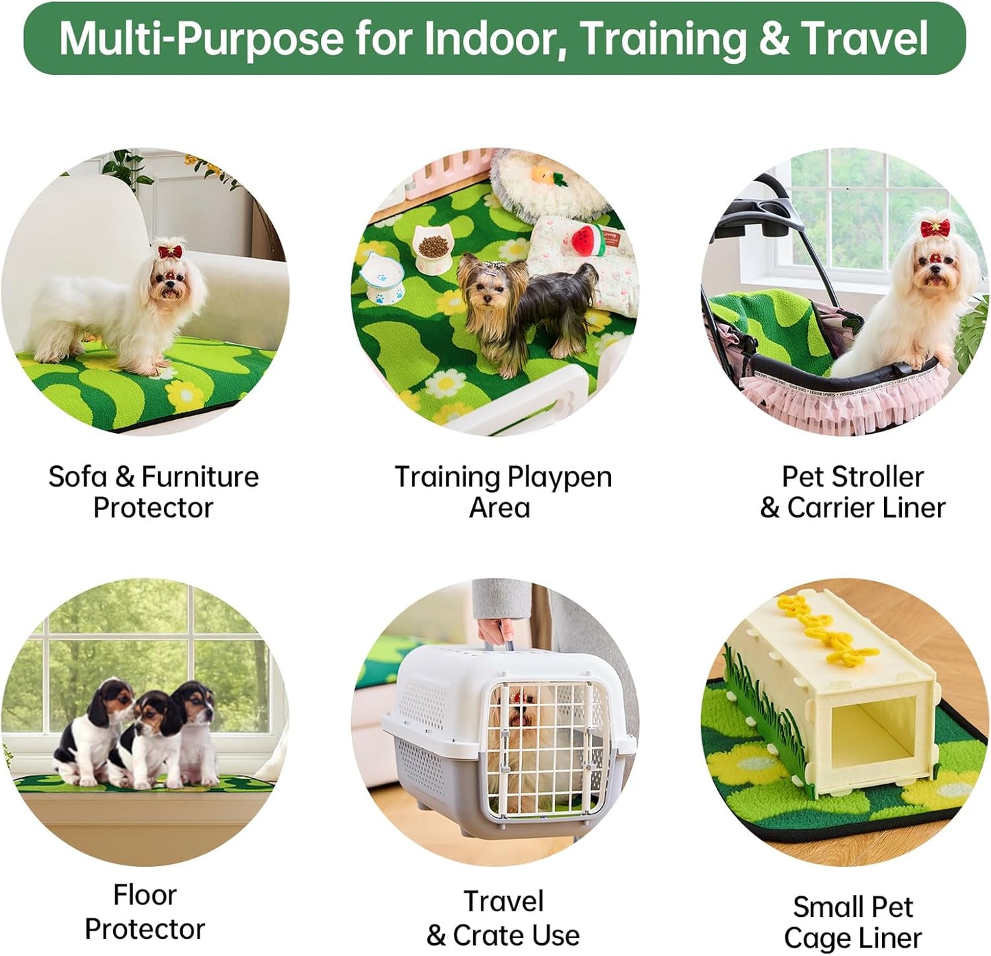 Reusable Puppy Pads for Small Dogs, Washable Pee Pads with Non-Slip , Absorbent Leakproof Mat for Crates, Playpens, Pet Beds & Whelping, Indoor Potty Training Grass Green, 24"x48", 2 Pack