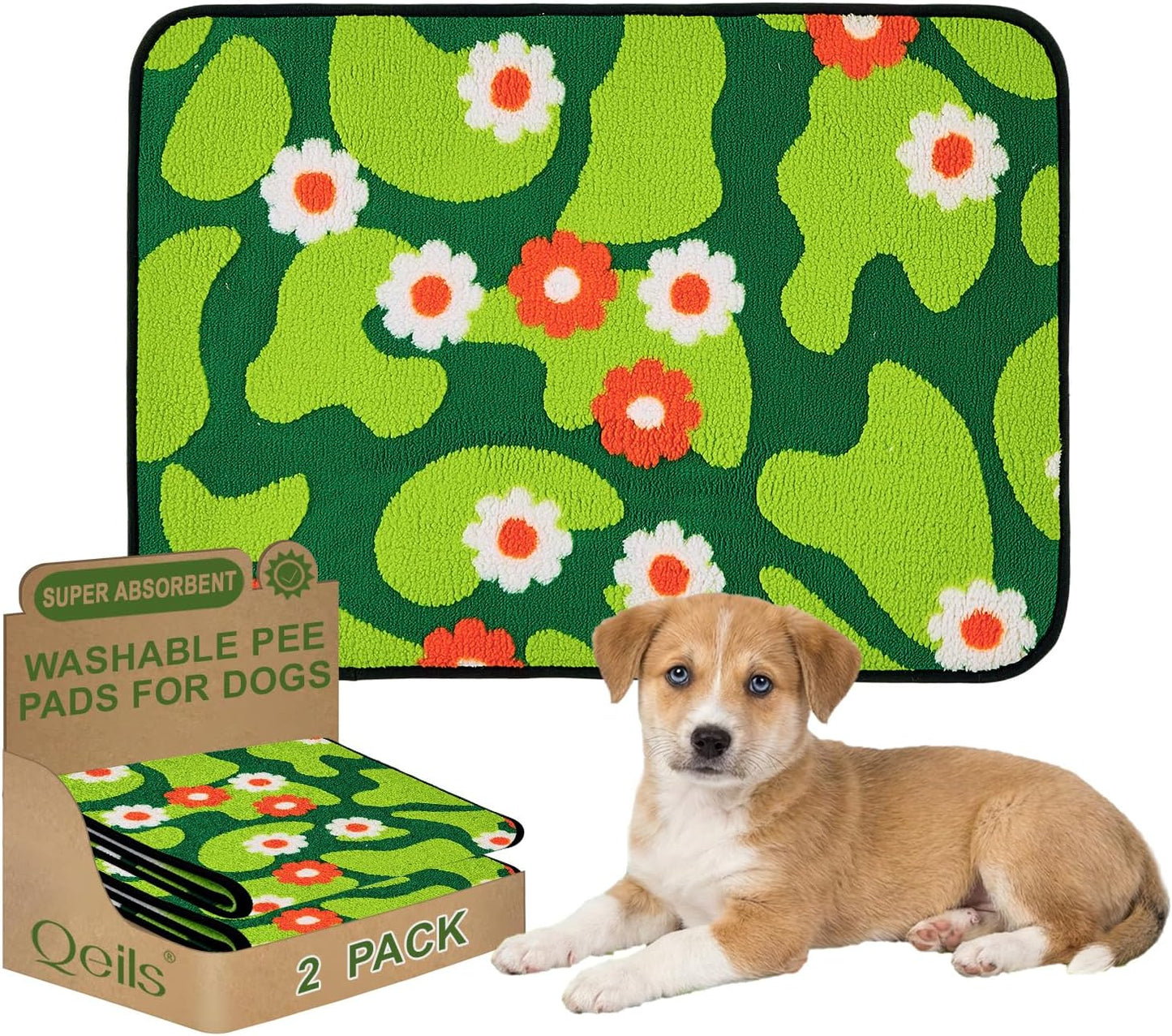 Reusable Puppy Pads for Small Dogs, Washable Pee Pads with Non-Slip , Absorbent Leakproof Mat for Crates, Playpens, Pet Beds & Whelping, Indoor Potty Training Grass Green, 24"x48", 2 Pack