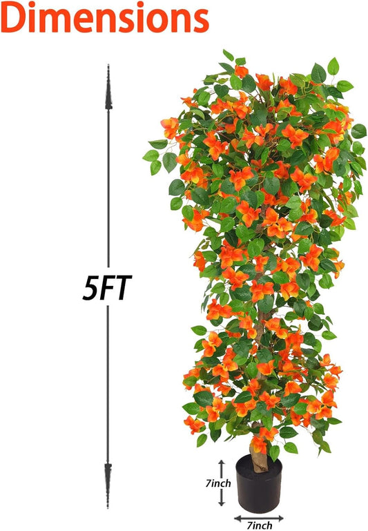 Artificial Bougainvillea Tree -5FT Faux Bougainvillea Tree with Realistic Flowers, Tall Fake Fall Flower Tree for Indoor or Outdoor Decor, Silk Floral Plant for Living Room, Porch, Garden (Orange)