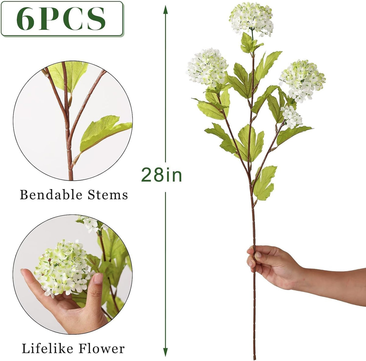 6 Pcs 28"Artificial Snowball Hydrangea Stems for Vase Decor(White-Green)