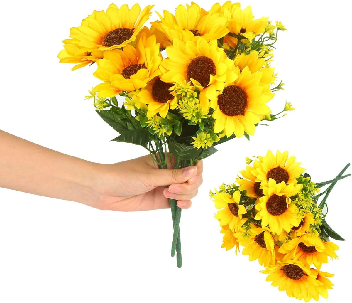 2 Bunches Artificial Sunflower Bouquet, Fake Sunflower Silk Flowers Realistic Silk Sunflowers with Stems for Wedding Home Garden Party Decoration