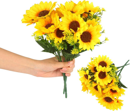 2 Bunches Artificial Sunflower Bouquet, Fake Sunflower Silk Flowers Realistic Silk Sunflowers with Stems for Wedding Home Garden Party Decoration