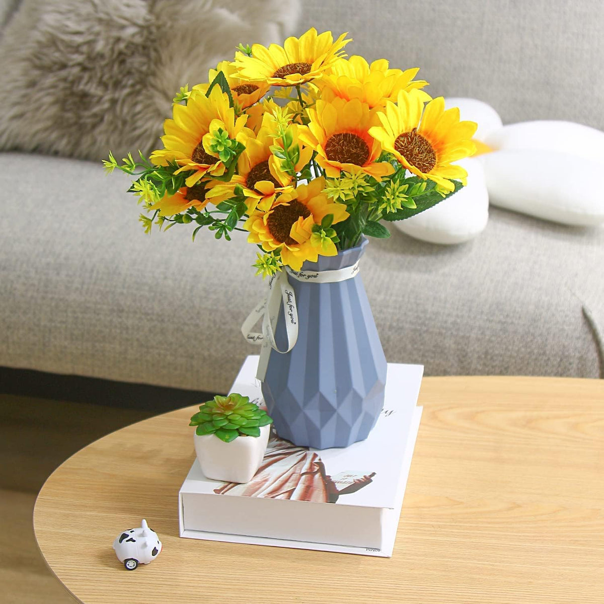 2 Bunches Artificial Sunflower Bouquet, Fake Sunflower Silk Flowers Realistic Silk Sunflowers with Stems for Wedding Home Garden Party Decoration