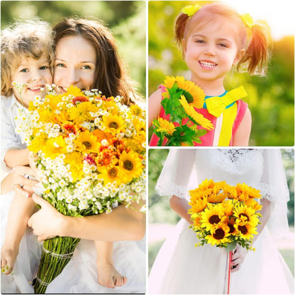 2 Bunches Artificial Sunflower Bouquet, Fake Sunflower Silk Flowers Realistic Silk Sunflowers with Stems for Wedding Home Garden Party Decoration