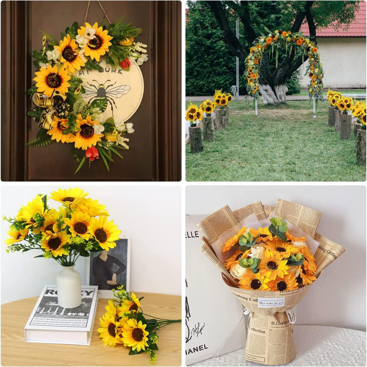 2 Bunches Artificial Sunflower Bouquet, Fake Sunflower Silk Flowers Realistic Silk Sunflowers with Stems for Wedding Home Garden Party Decoration